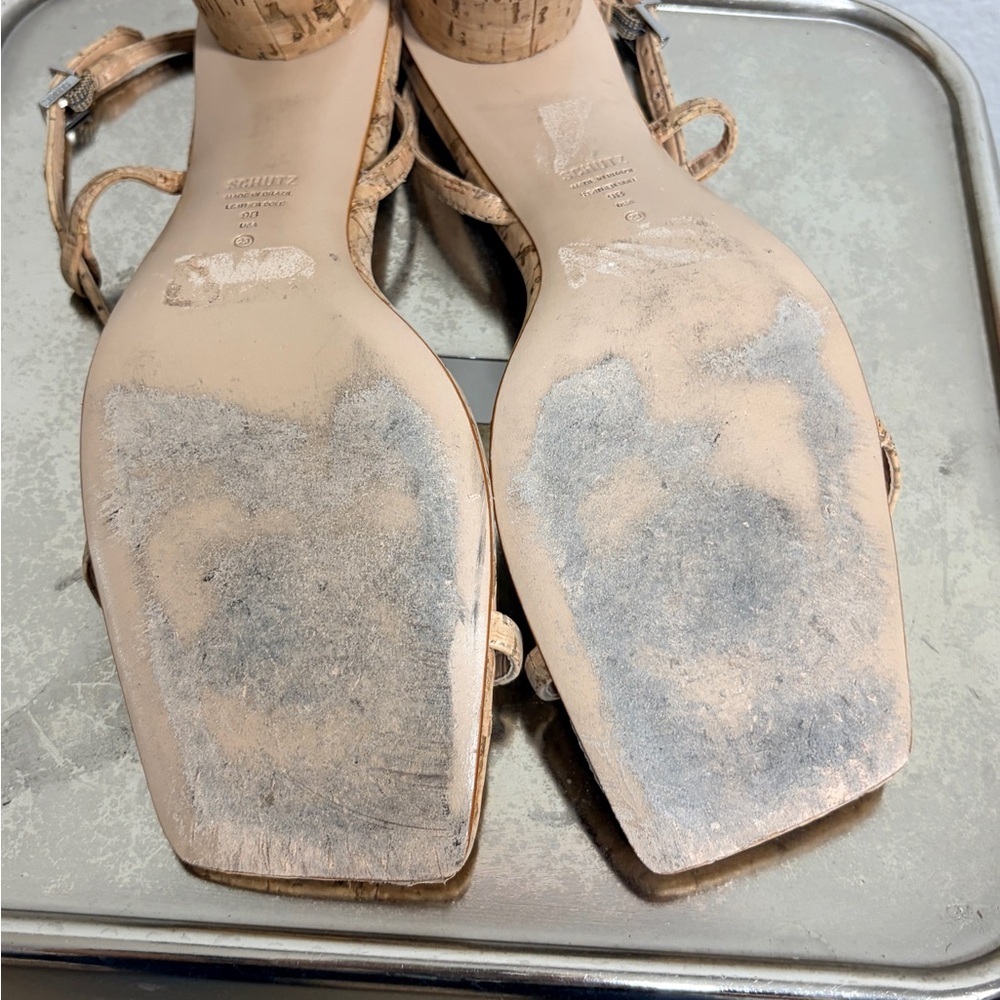 Schutz Heloise Size 9 T Strap Block Heel Open Toe Cork Sandals - Picture 9 of 9